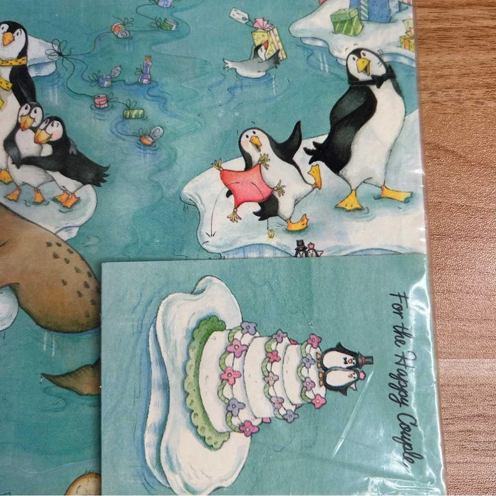 Vintage Wedding Wrapping Paper Blue Penguins Wedding Cake Set of 2 Hallmark